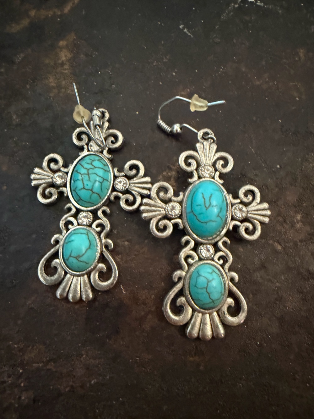 Turquoise Stone Silver-Tone Cross Drop Earrings - Women's Jewelry